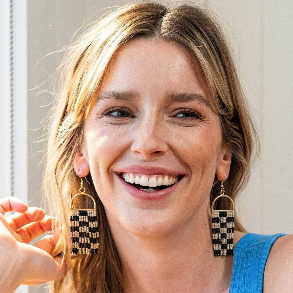 Allison Checked Beaded Fringe Earrings Black and White