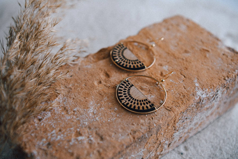 Gold Plated Half Moon and Wood Earrings : Mandala Tiered Earrings