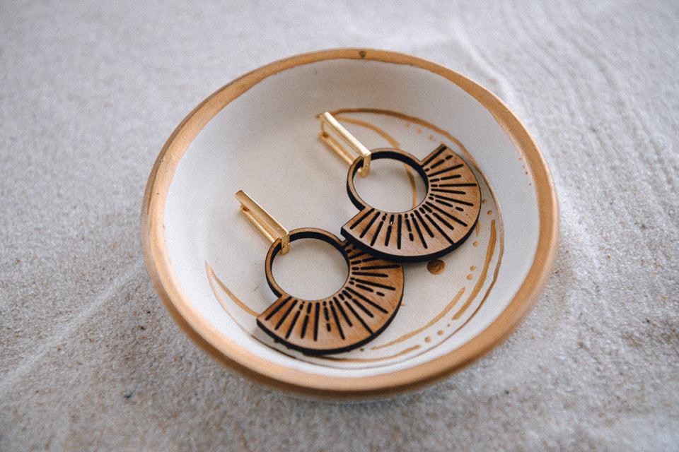 Golden Glow Wood and Gold-Plated Rectangle Earrings: Geo