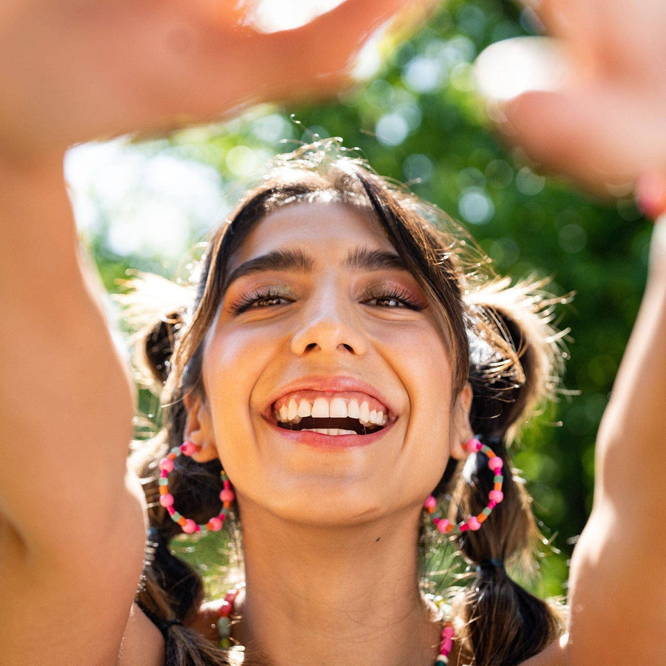 Annie Mixed Beaded Hoop Earrings Hot Pink and Green Wholesale