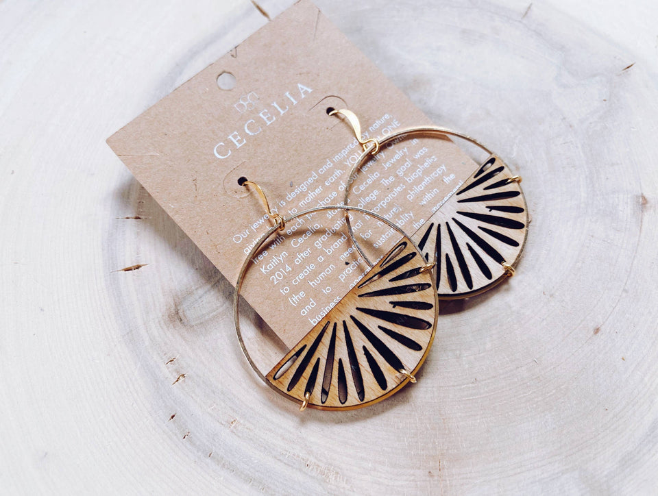 Gold Plated Half Moon and Wood Earrings : Half Moon Mandala Brass