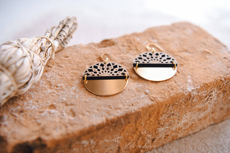 Gold Plated Half Moon and Wood Earrings : Half Moon Mandala Brass