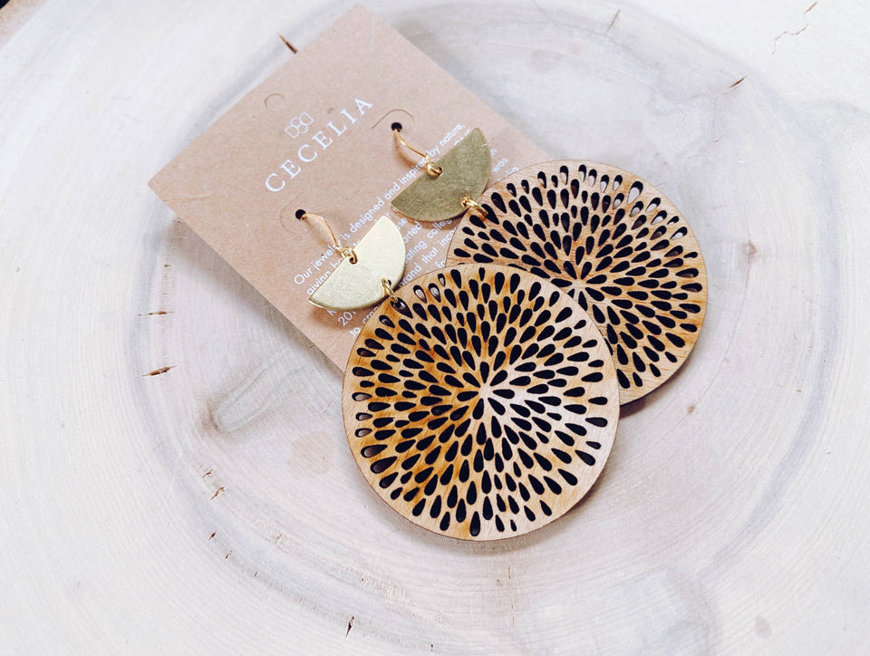 Gold Plated Half Moon and Wood Earrings : Orange Slice Tiered Earrings