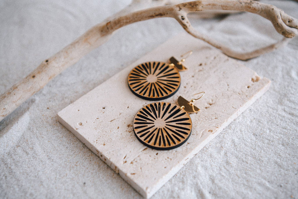 Gold Plated Half Moon and Wood Earrings : Pomegranate Tiered Earrings