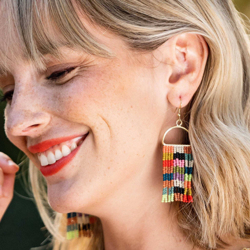 Allison Checked Beaded Fringe Earrings Multicolor