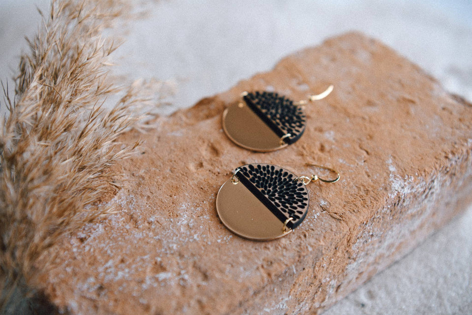 Gold Plated Half Moon and Wood Earrings : Orange Slice Tiered Earrings