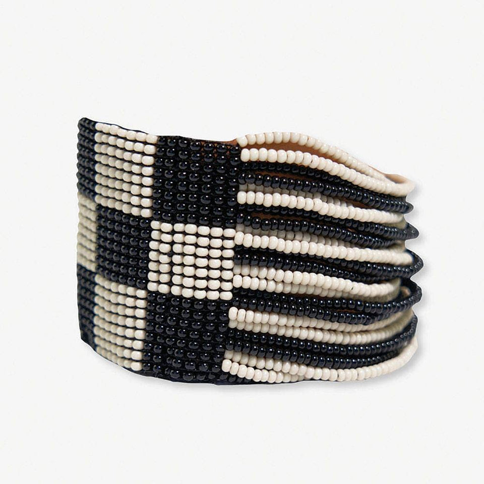 Olive Checkered Beaded Stretch Bracelet Black