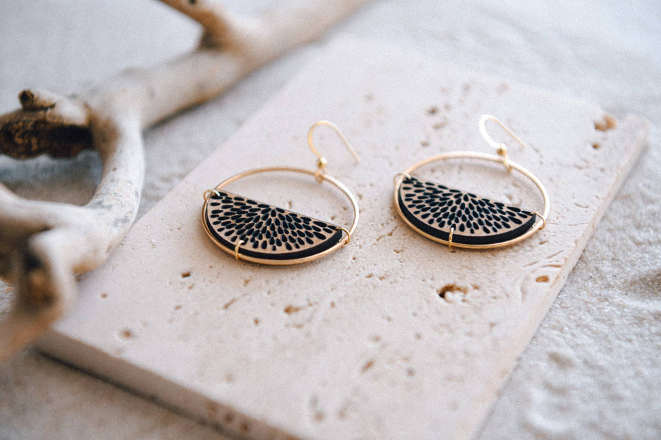 Gold Plated Half Moon and Wood Earrings : Half Moon Mandala Brass