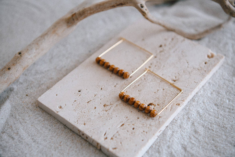 Gold Plated Beaded Square Hoop Earrings: Matte Grey TOHO
