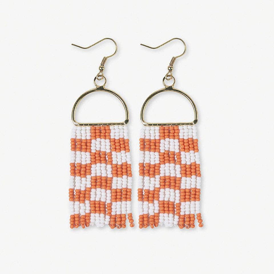 Allison Checked Beaded Fringe Earrings Orange and White