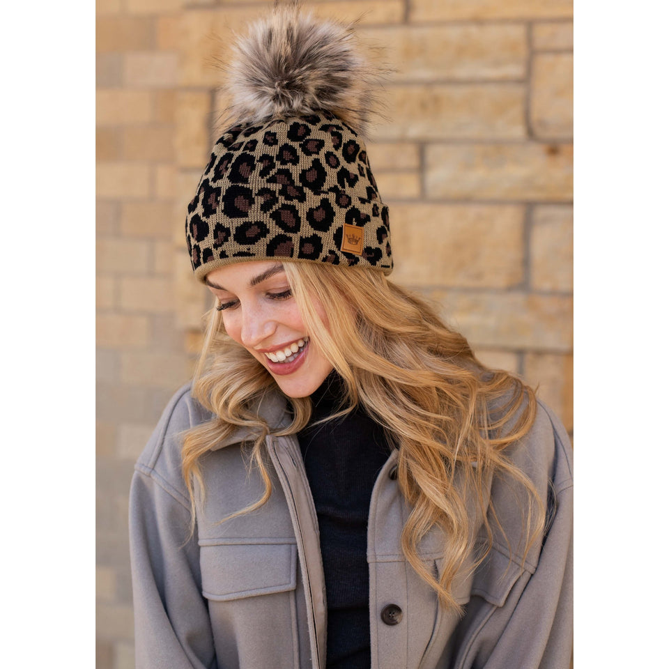 Leopard Knit Hat with Pom